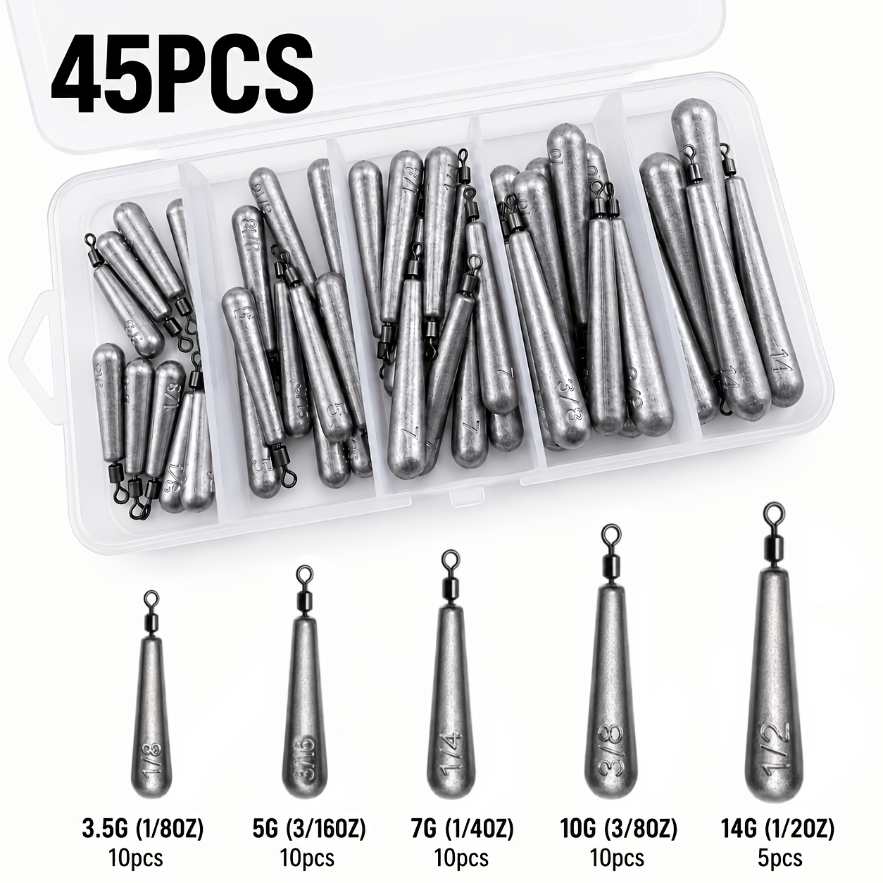 TEMU 45pcs Drop Shot Fishing Weights With Swivels, 3.5g–14g Assorted Pencil Stick Sinkers With Storage Box, Long-casting Fishing Tackle For Drop Shot