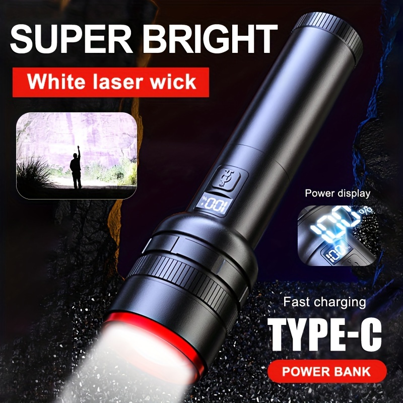 

High Power Rechargeable White Laser Flashlight With Led High Brightness, Handheld Flash, Powerful Emergency Flashlight, Durable, Suitable For Fishing, Camping Equipment, Hiking And