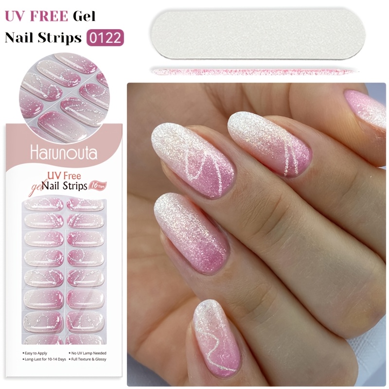 Image of Harunouta 16strips Uv Free Gel Nail Strips Pink Glitter No-cure Gel Nail Stickers Shiny No-bake Gel Nail Wraps No Lamp Required Women's Diy Nail Art Supplies Manicure Tools