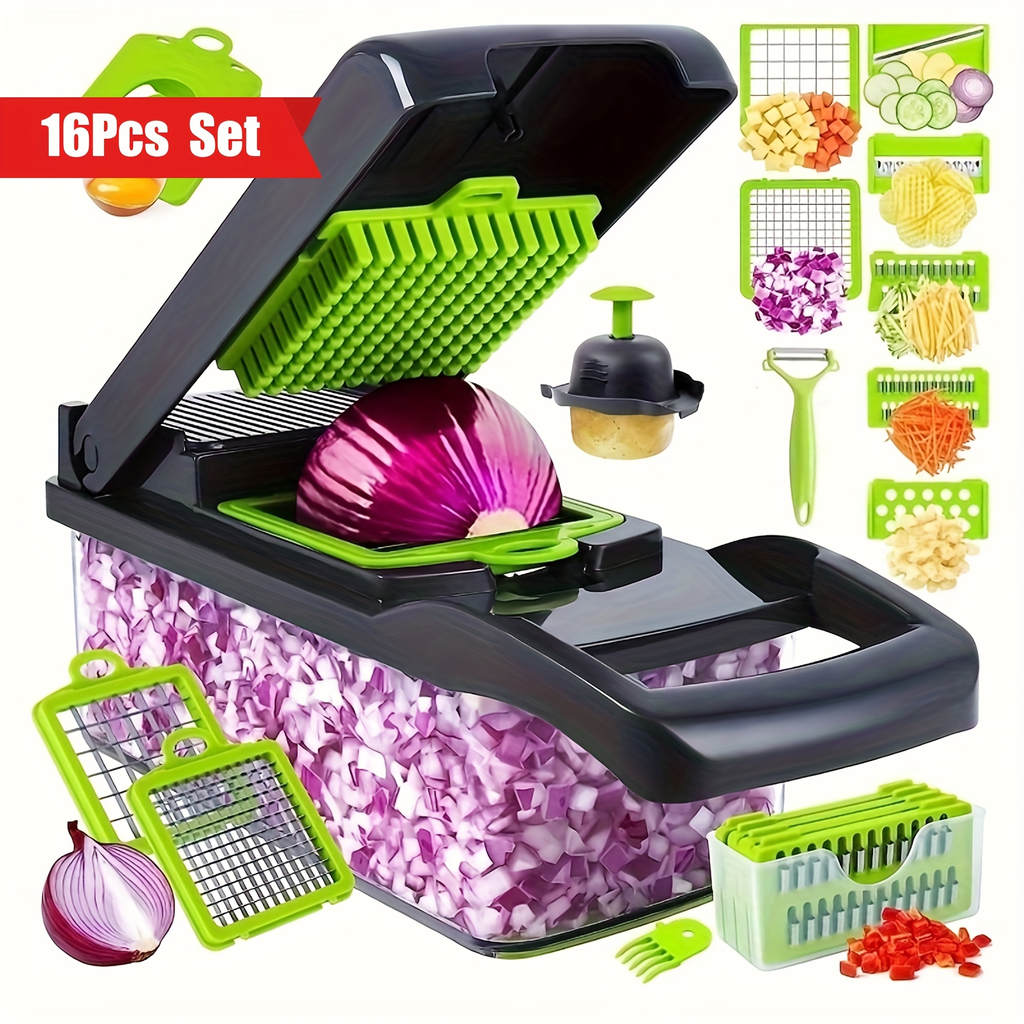 16 in 1 vegetable chopper professional onion chopper multifunctional food chopper kitchen vegetable   vegetable chopper with 8   carrot chopper with container gray