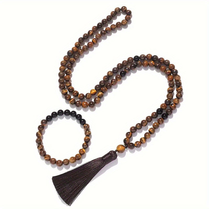 TEMU 2pcs 108 Tiger Eye Stones Handmade Beaded Necklace Bracelet Black Tassel Sweater Chain Set