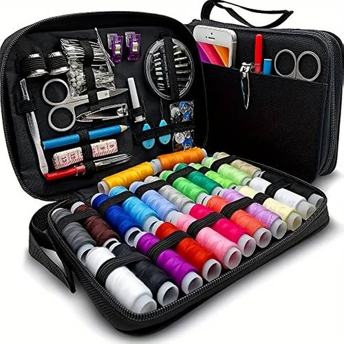 Portable Sewing Kit with Needle & Thread Set - Compact Black Home Sewing Storage Box for Quick Repairs