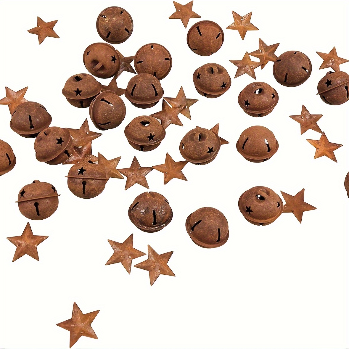 

62pcs Rusty Craft Bells With Star Cutout Including 50pcs Rusty Stars And Hollow Christmas Holiday Home Party Decoration