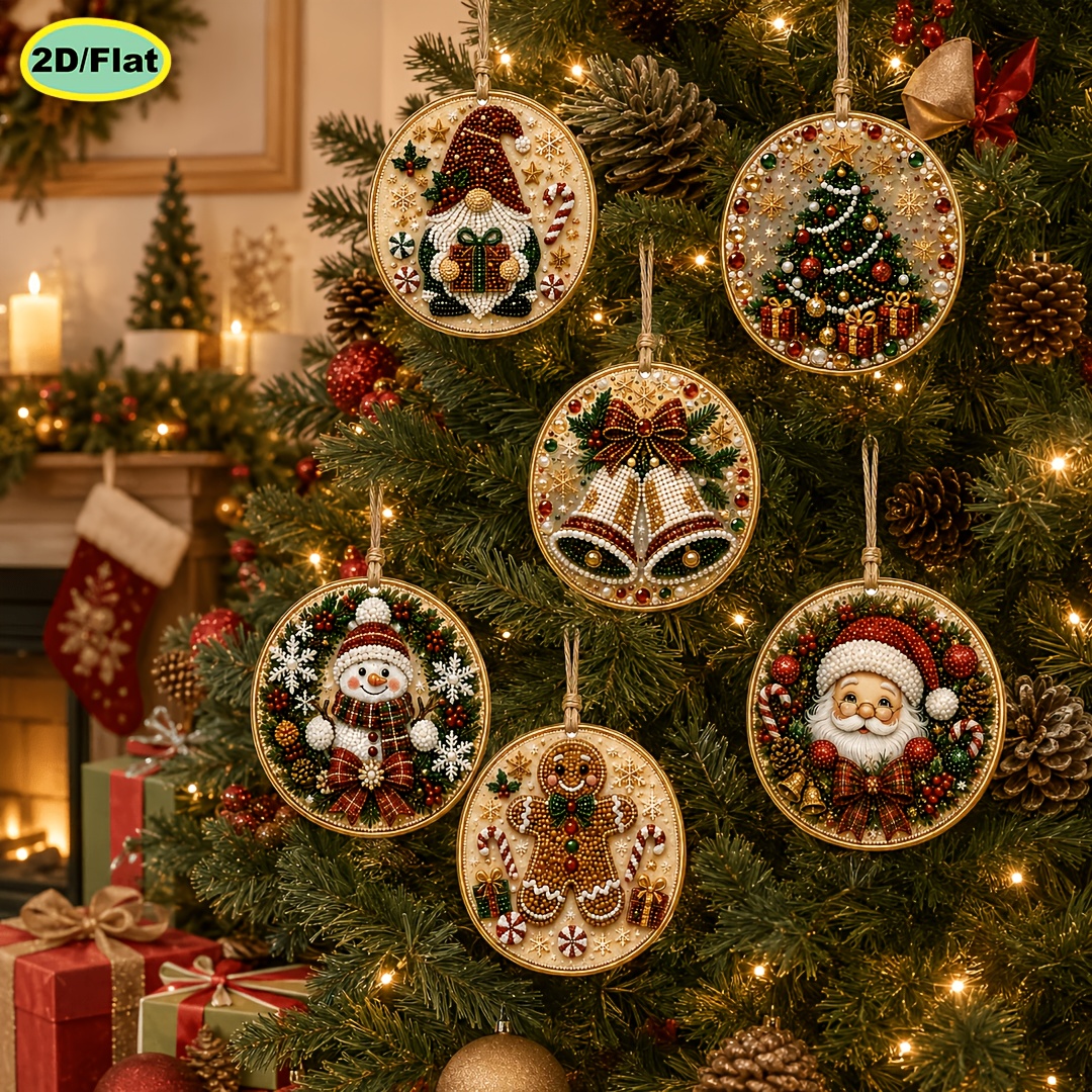 TEMU Hot 6pcs Pearl Diamond Painting Wooden Tag Pendant Set, Christmas Theme, 2d Flat High Definition Print, 3.07 Inches Full Kit Hand Drilling