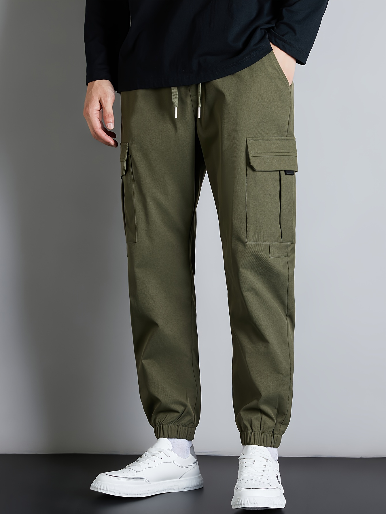 Men's Side Pockets Drawstring Waist Casual Tapered Cargo Pants Men Clothes  Men Bottoms