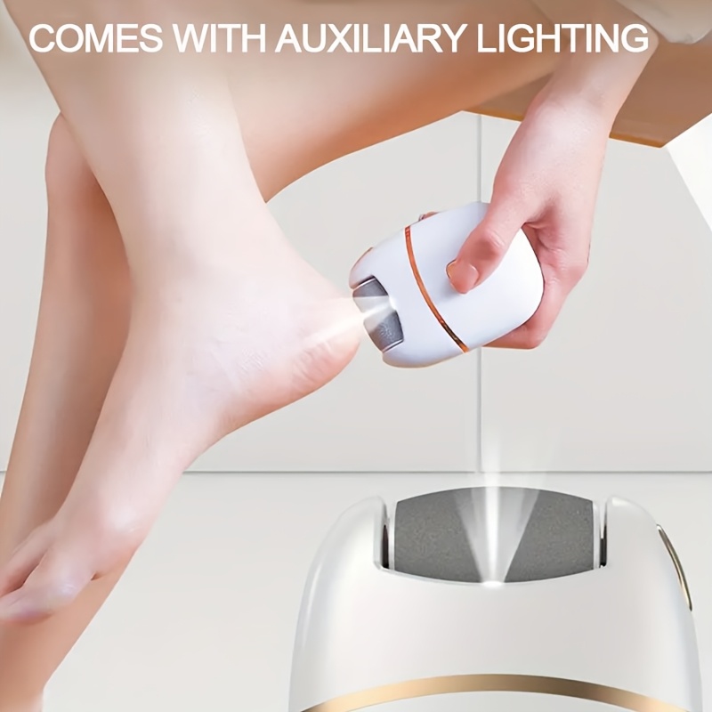Rechargeable Electric Foot Exfoliator with 6 Replaceable Heads, for Dead Skin Removal and Polishing, USB Powered, a Smooth Two-color Design (White and Golden), Ergonomic Handle for Comfortable Use - Image 6