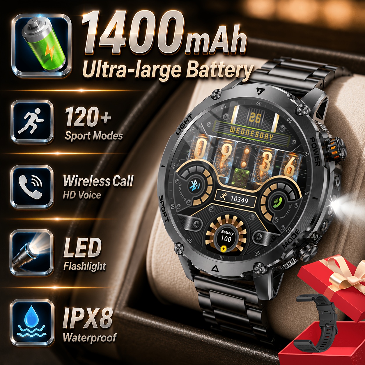 TEMU Reloj inteligente LIGE para hombre, batería ultragrandes de 1400 mAh, pantalla HD de 1.7 pulgadas, reloj inteligente con inalámbricas, linterna