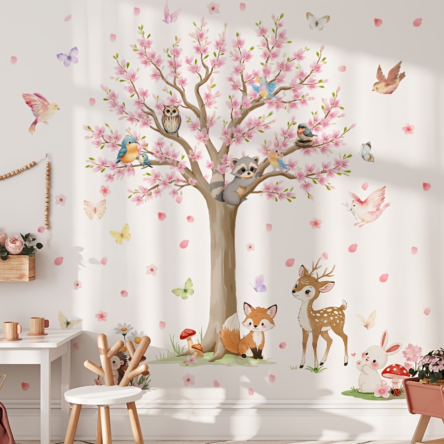 Image of 3 Sheets 30*90cm Peach Tree Animal Bird Wall Stickers | Self-adhesive Pvc, Semi-, Single Use, Contemporary Style For Bedroom And Living Room Decor