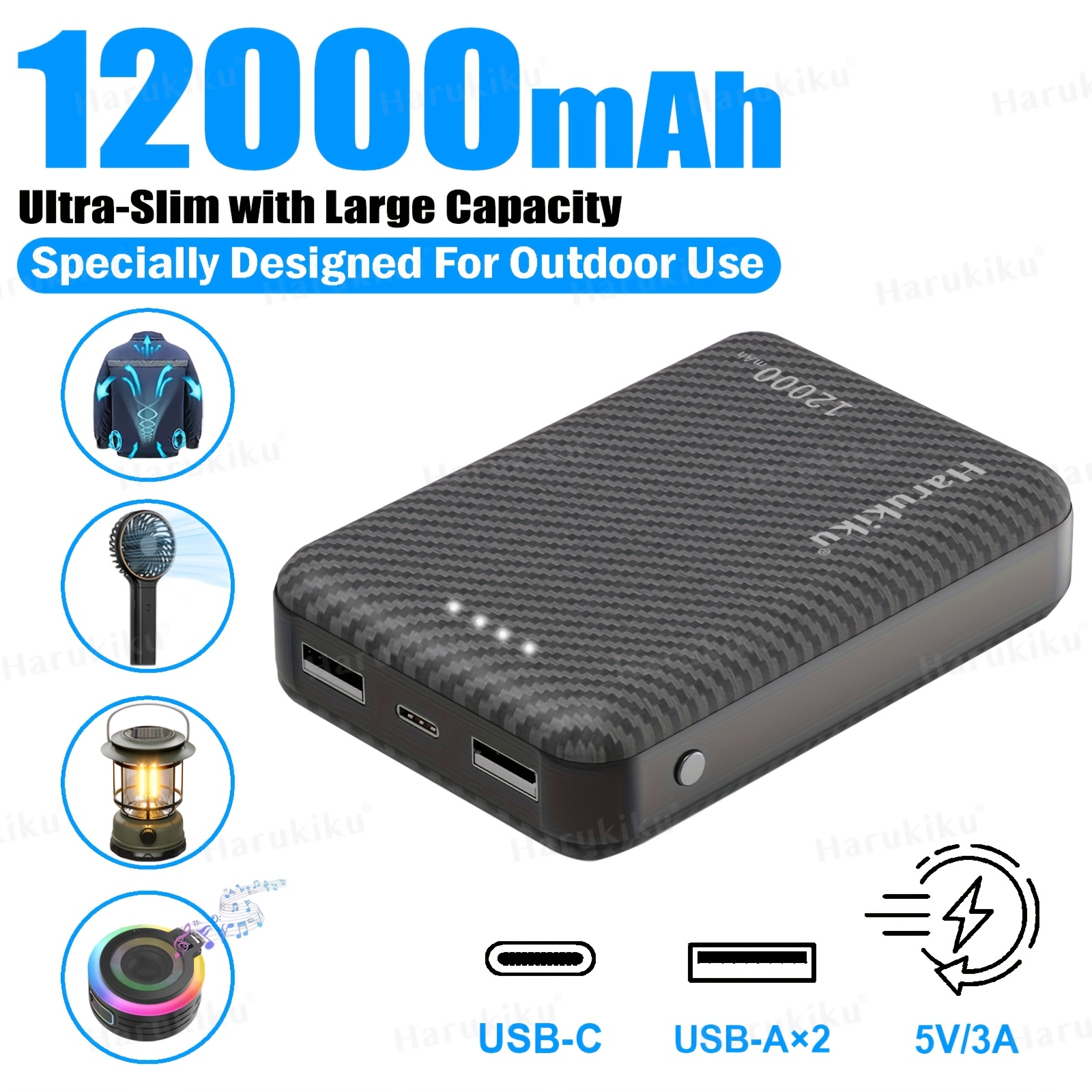 TEMU Batería Externa Portátil de 12000Mah, Cargador Compacto para el del Verano, 5V/3A Compatible con Chaleco de Enfriamiento, Teléfonos, Tablets y