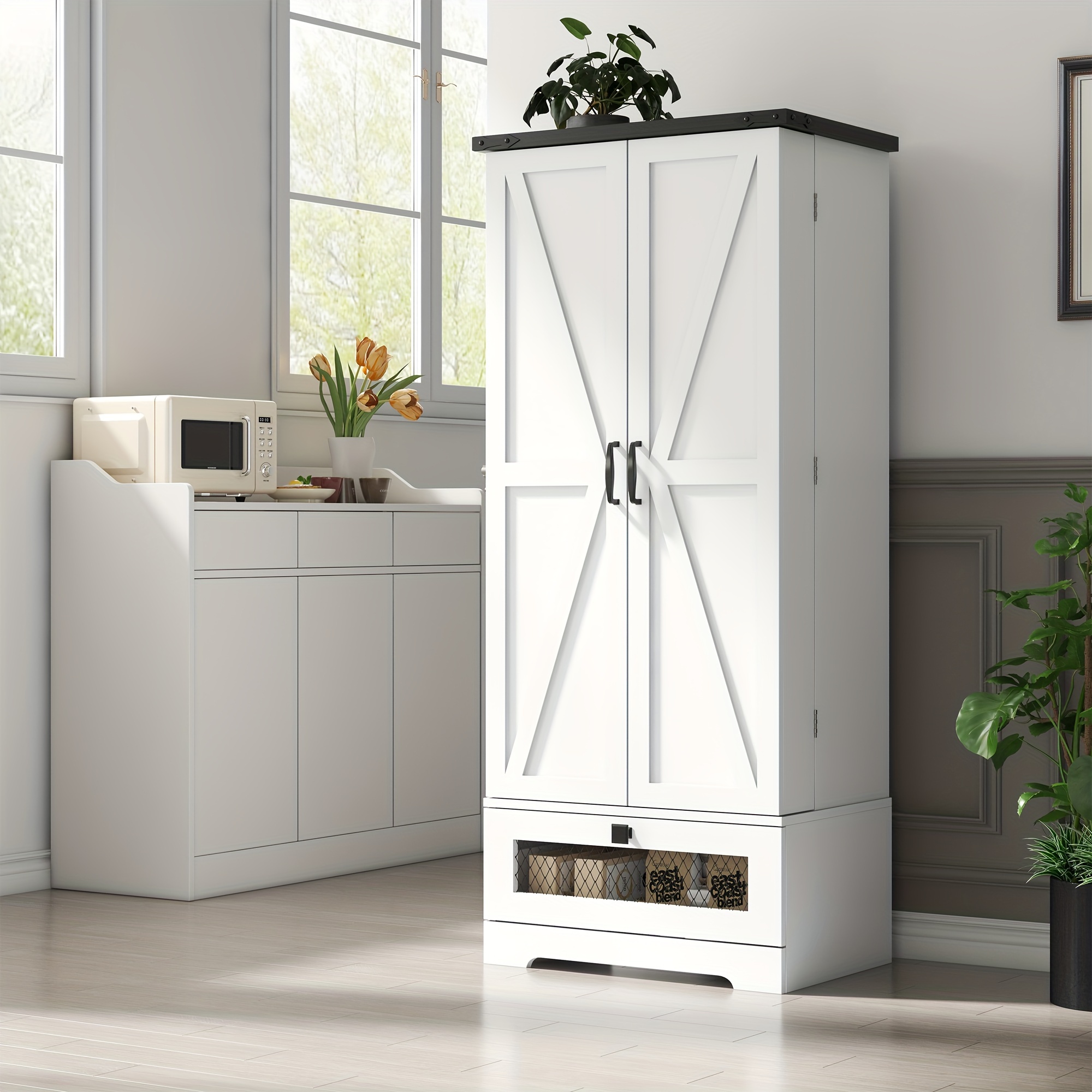 TEMU Wooden Pantry Storage Cabinet Featuring Adjustable Shelves And A Drawer, Suitable For Kitchen, Living Room, Bathroom, And Dining Room Use