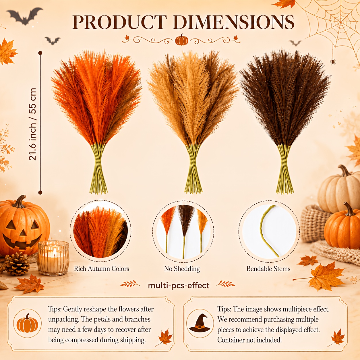 TEMU 18 pezzi di delle pampas artificiale da 21,6 pollici, di autunnale , marrone e gialla per decorazioni da e casa per Halloween e del
