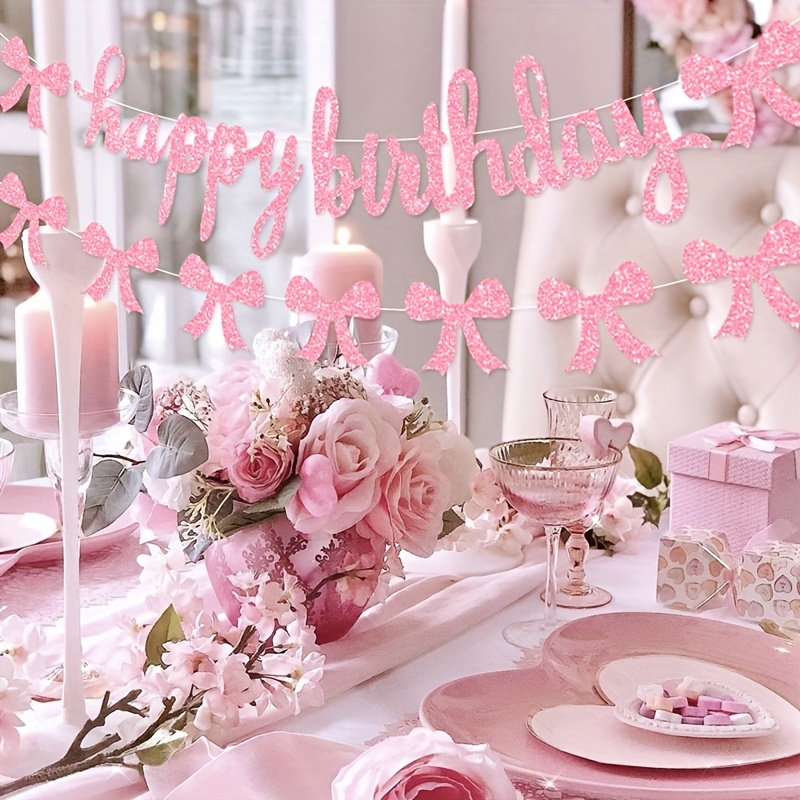 Set Paper Birthday Banner, Pink Bow Birthday Party Decorations, Bow  Birthday Decorations Girl Bow Theme Birthday Party Decor Pink Bow Happy  Birthday