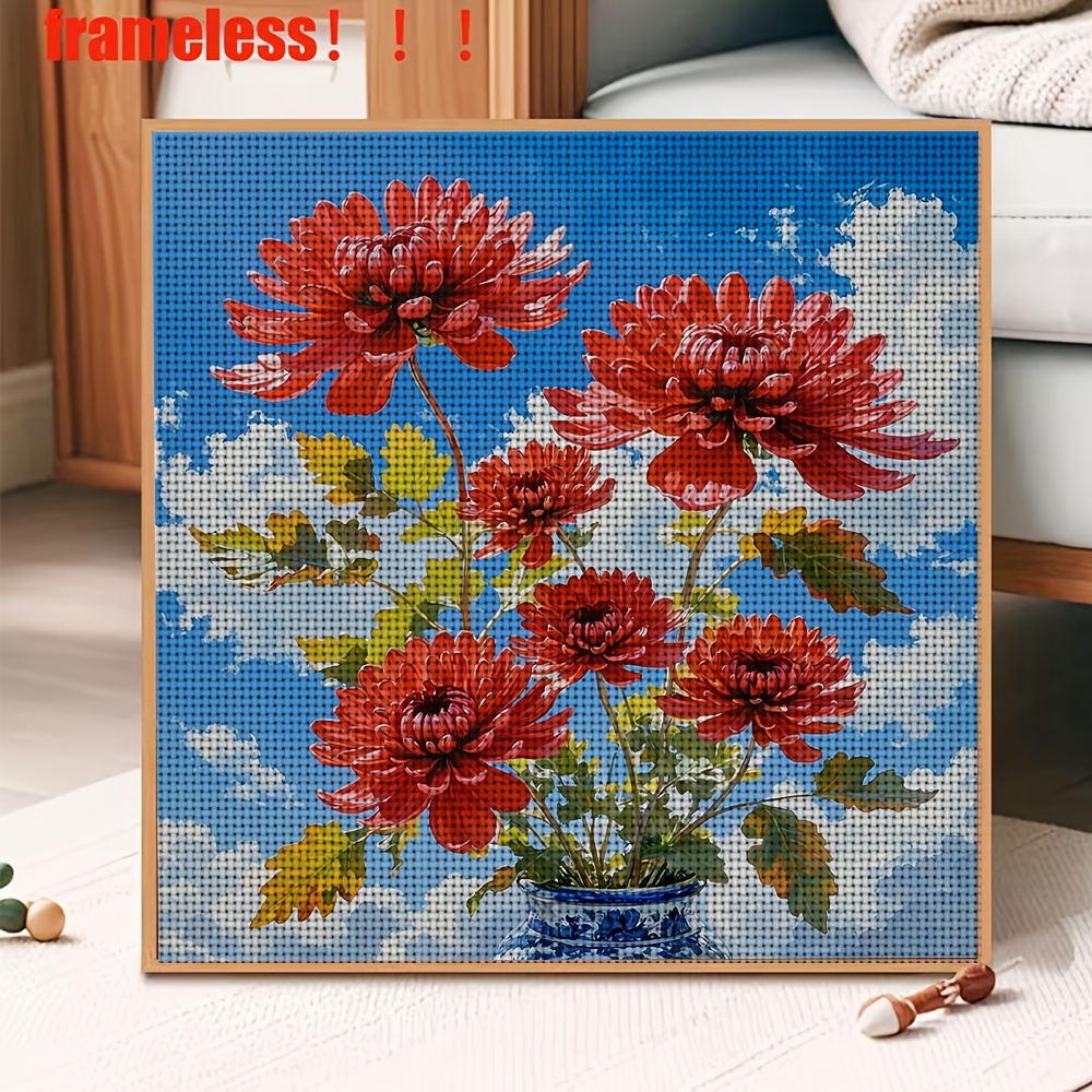 New Cross Stitch Printed Kit, Red Chrysanthemum Blue Sky Blooming