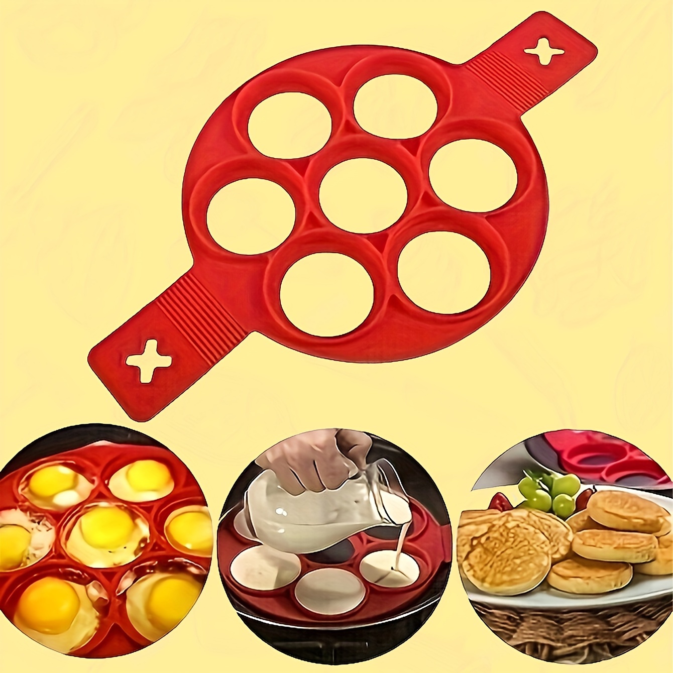 

1pc Red Silicone Pancake Mold - 7-cavity, Non-stick, Food-grade For Eggs & Biscuits, High-temperature Resistant, Multi-use Kitchen Gadget