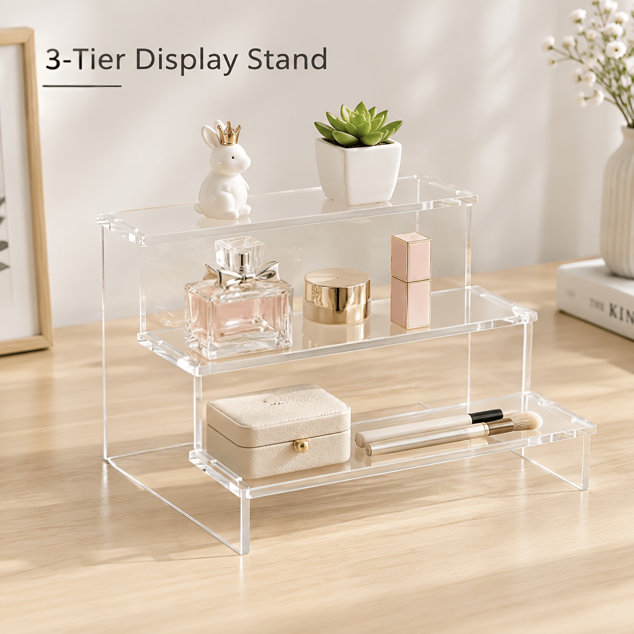 TEMU Soporte expositor acrílico transparente de 3 niveles, estante organizador de escritorio transparente para artículos pequeños, cosméticos, joyas,