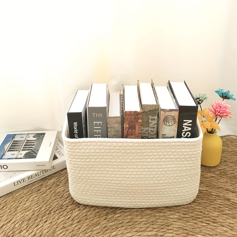 1pc Bohemian White Woven Storage Basket With Handles - Durable Fabric Organizer For , Perfect For Laundry, Books,, Stationery, Shelf Baskets