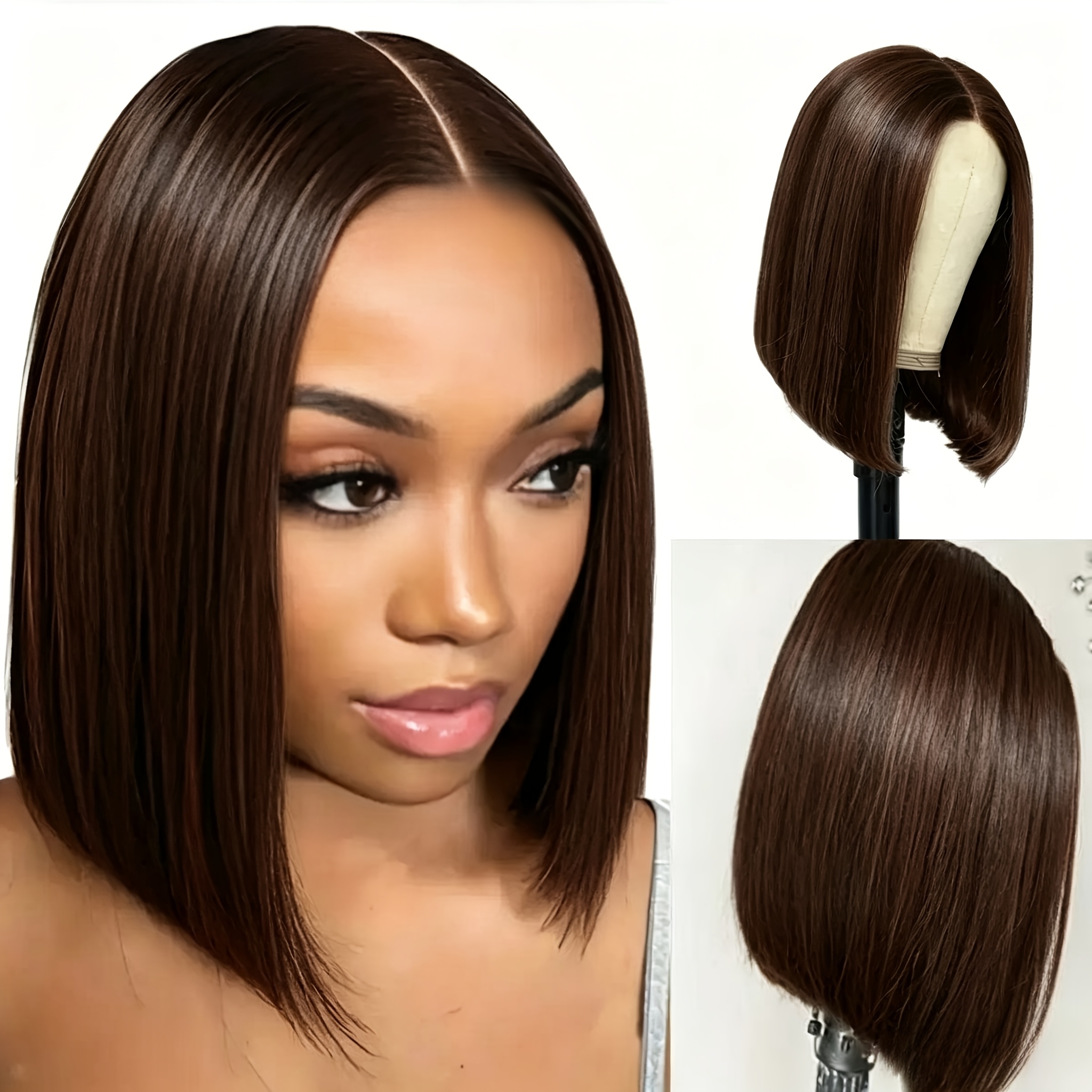 TEMU Perruque Bob Courte Droite Marron Foncé pour Femme, Adaptée , au Cosplay et aux Fêtes - Bonnet Réglable et Respirant, Cheveux Synthétiques