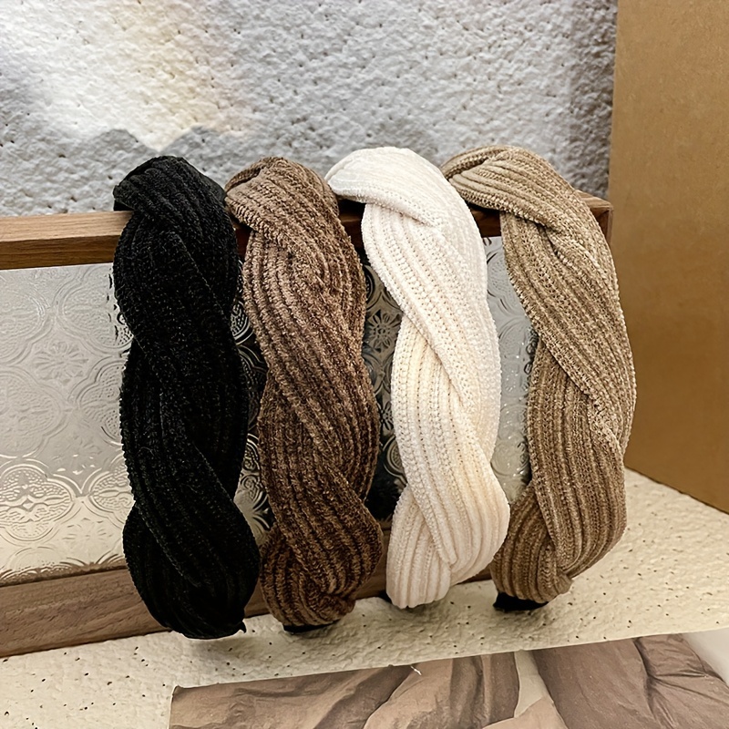 

4-piece Women's Thick Braided Headbands Set - Elegant Minimalist Fabric Hair Accessories, Solid Color Non-slip Daily Headwear For Casual Wear, Face Washing