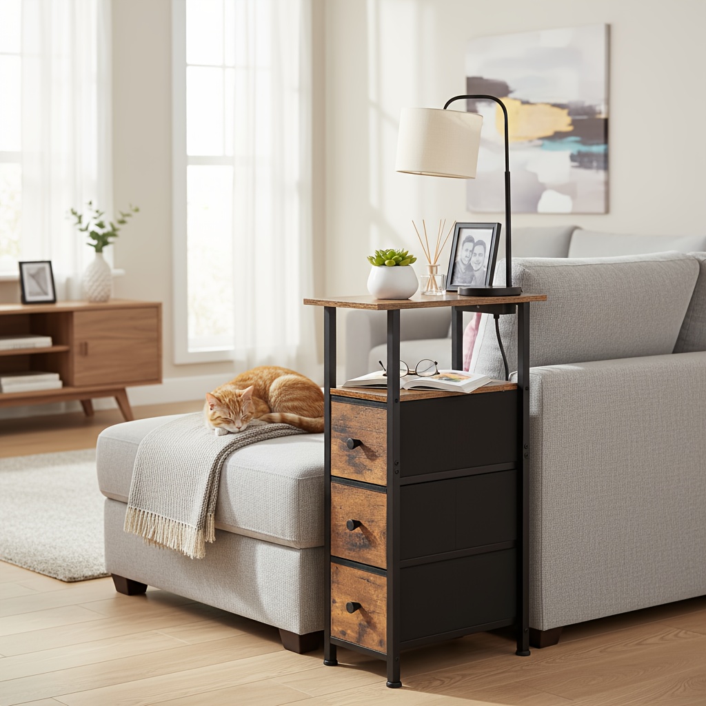 2-Pcs Bedside Table with Charging Station, Space-Saving Design