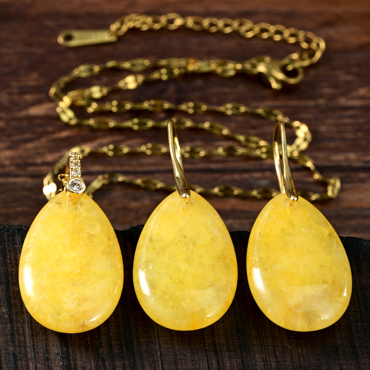 TEMU Ensemble de bijoux tendance pour femmes : collier avec pendentif en citrine bohème, 3 pièces, boucle d'oreille, idéal pour fête, vacances,