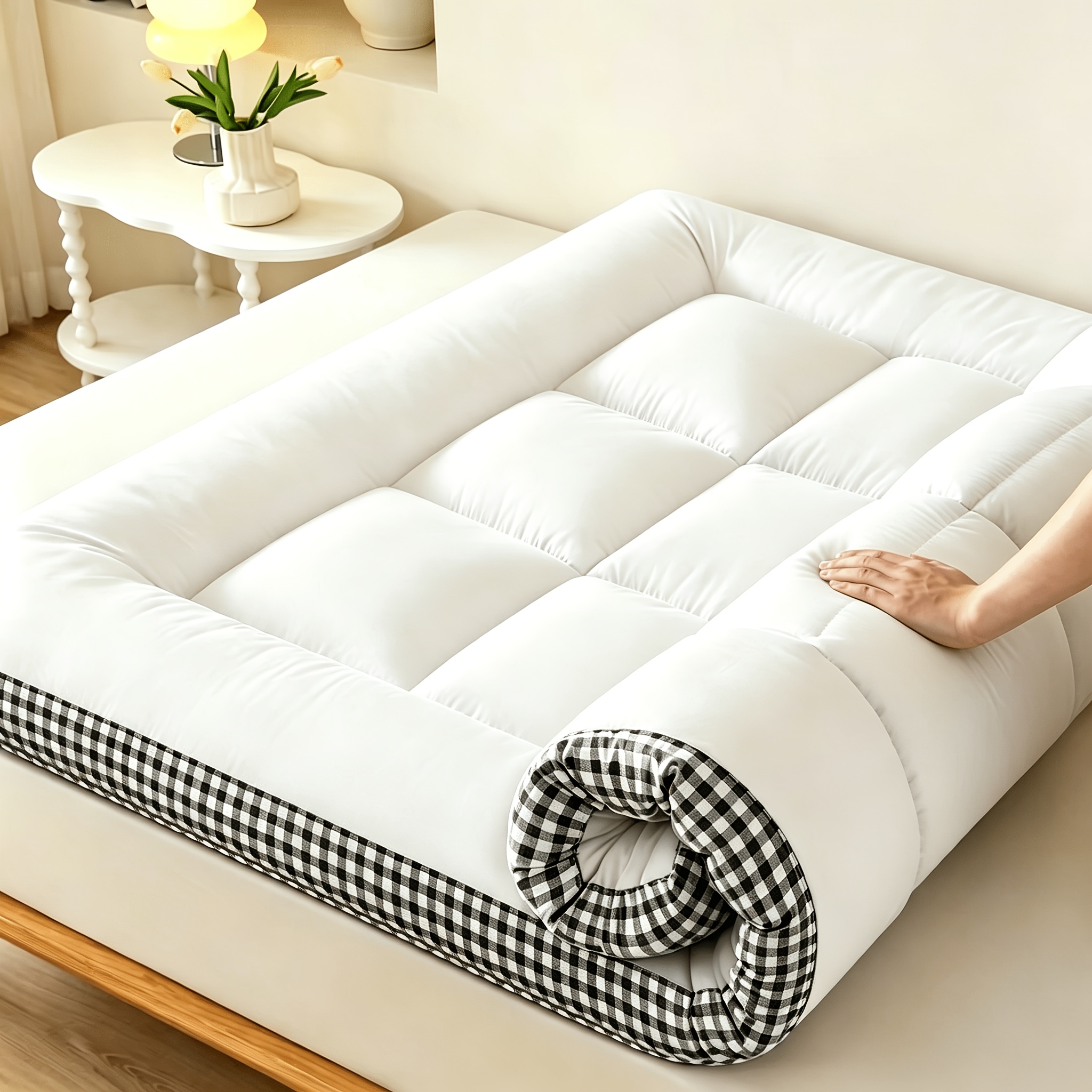TEMU 1pc Solid Color 3d Thin Mattress Pad, Essential For Home Bedroom! 1pc New Thickened 3d Mattress With Checkered Print, Double Bed Storage Thick
