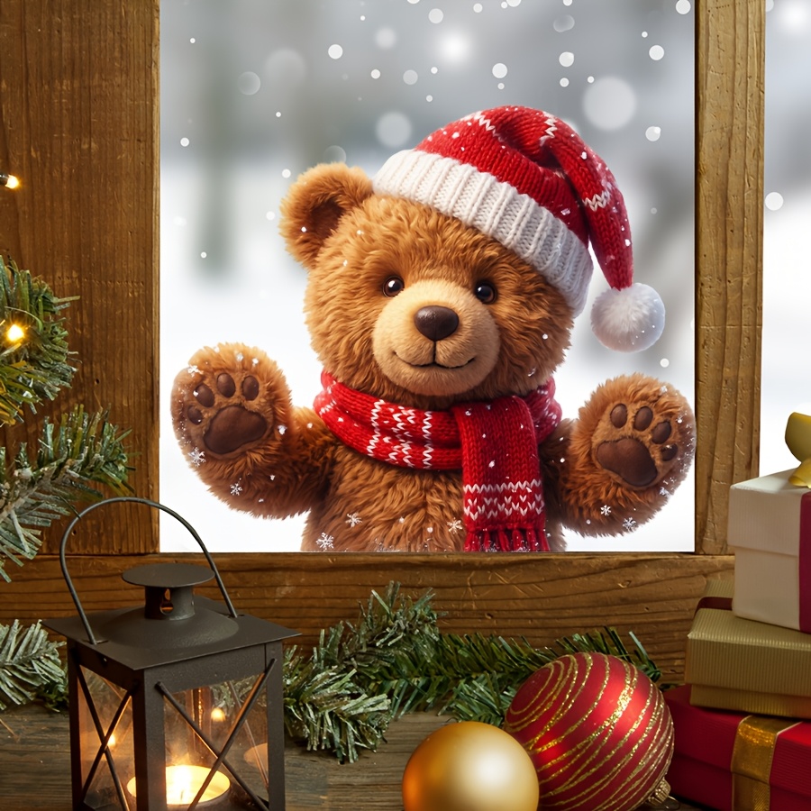 TEMU 2D Flat - 2D Flat Orsetto di Peluche Invernale con che Si Svegliano Stampato su Finestra, Adesivo Statico Natalizio per Finestre, su Entrambi i