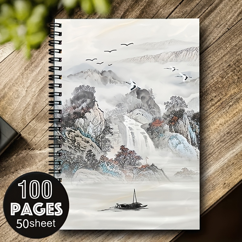 item picture 1pc traditional chinese ink painting landscape a5 spiral notebook black spiral 24 hole binding 50 sheets 100 pages mountains and crane design classroom notes office meeting records portable writing for professionals and office use