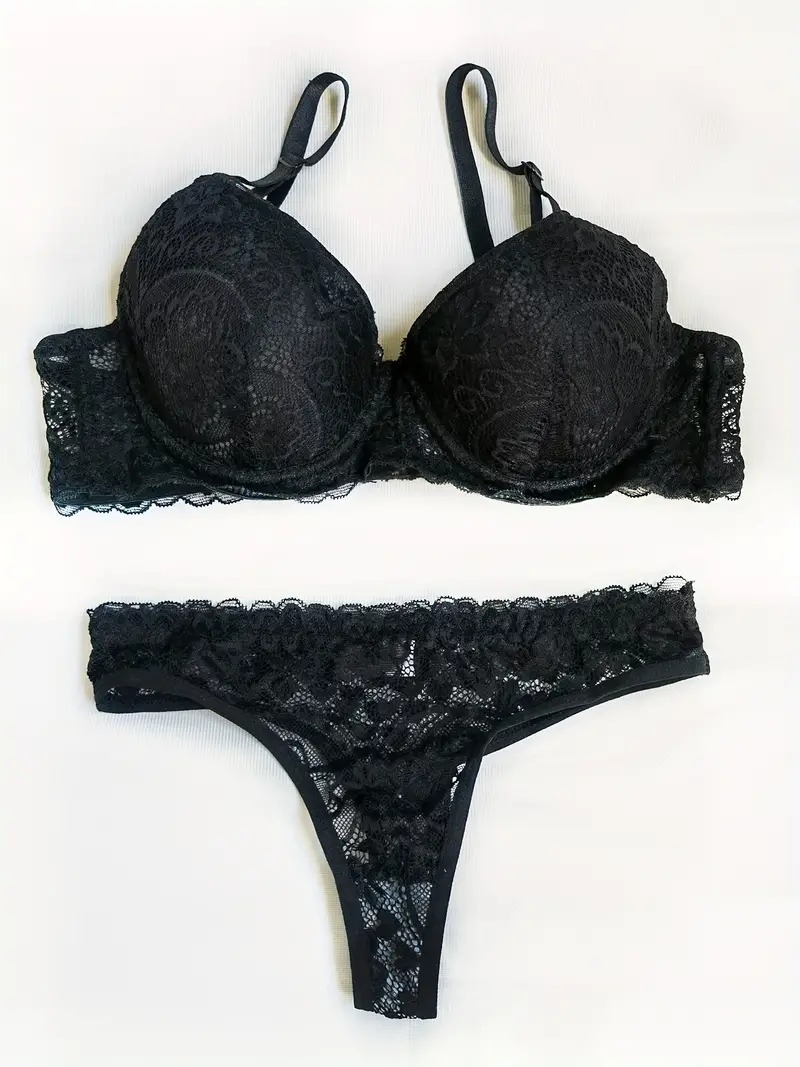 Contrast Lace Bra & Panties, Semi-sheer Push Up Bra & Mesh Thong Lingerie  Set, Women's Lingerie & Underwear