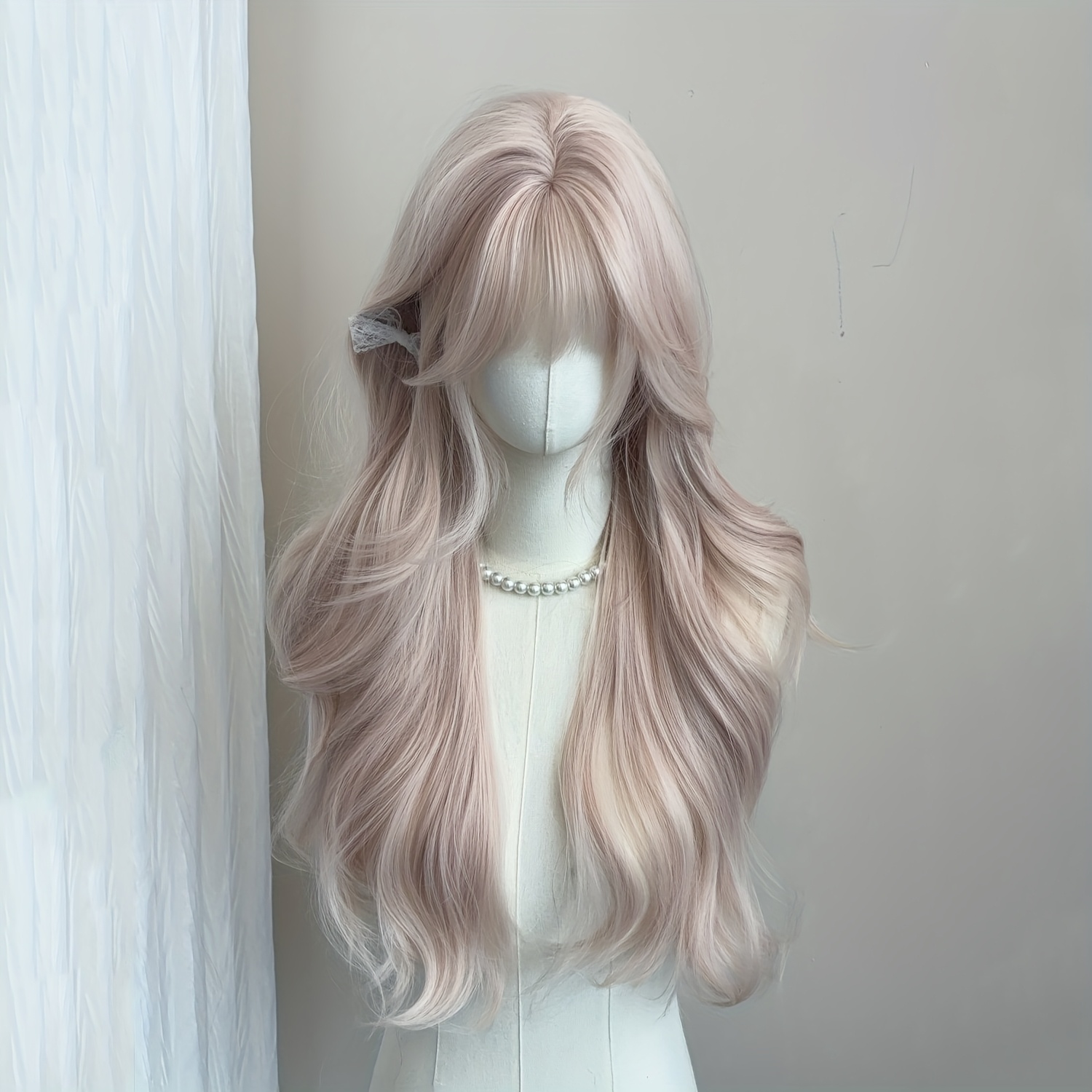 TEMU 26-inch Women's Wig, Pink Golden With Straight Bangs, Large Waves, Long Curly Hair, Sweet And Elegant, Suitable For , Parties, Music Festivals,