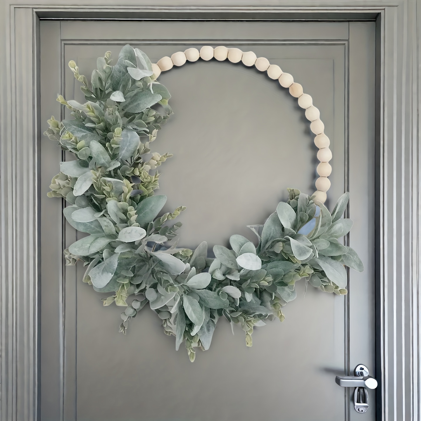 Sheep Ears And Eucalyptus Wood Bead Wreath For Front Door, Minimalist Everyday Wreath