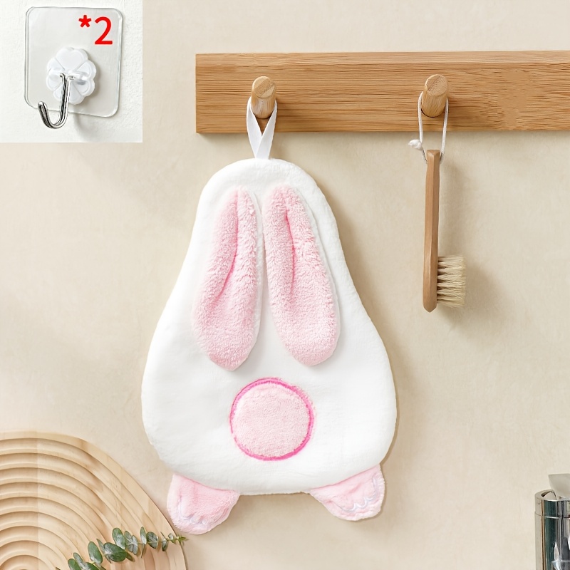 E-shop Handtuch in Korallenform mit Hasenmotiv (mit 2 Haken), Cartoon-Hasenmuster, weich, saugfähig, fusselfrei, hängendes Handtuch, Badezimmer-