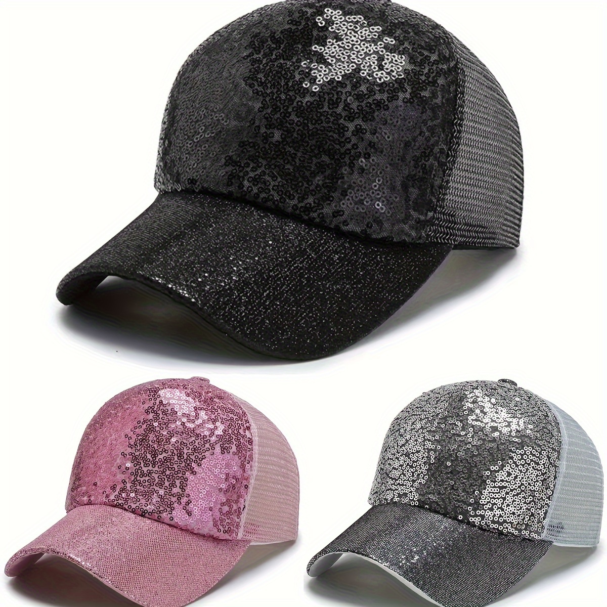 

Sequin Baseball Cap For Women, Breathable Mesh Back, Fashionable Glitter Sun Hat, Adjustable With Ponytail Hole, Ideal For Outdoor Activities, Hiking, Camping, Cycling, Traveling