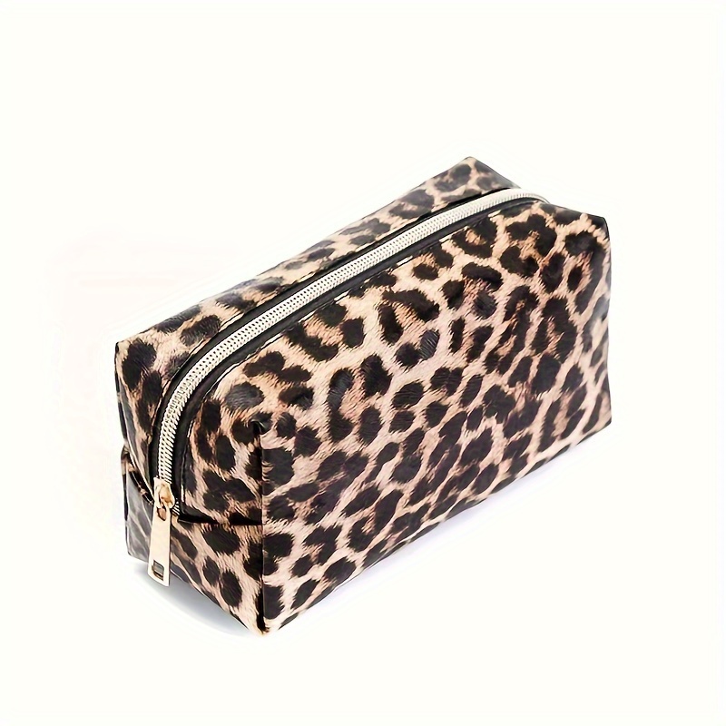 TEMU Chic Leopard Print Pu Cosmetic Bag - Fashionable Travel Organizer With Zipper, Versatile Clutch For Makeup & Essentials