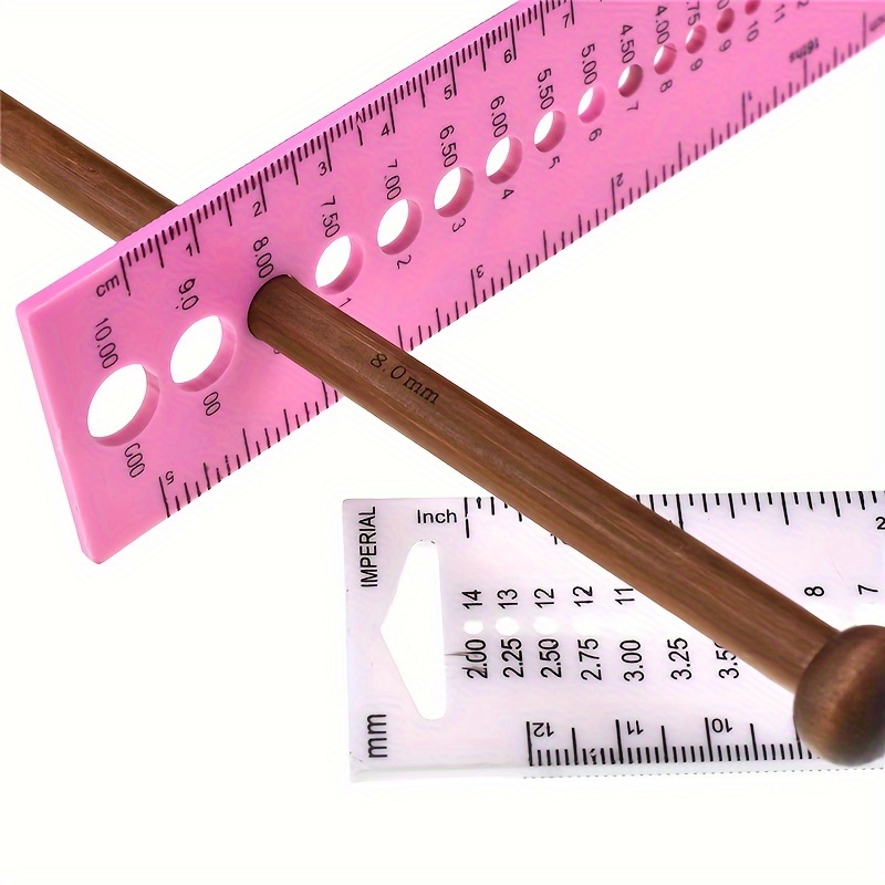 

1pc Crochet Hook Knitting Ruler - Dual Metric/imperial Measurements, Craft Organizer Tool, Pink Plastic With Wooden Handle For Sweater And Art Projects, Yarn Crochet