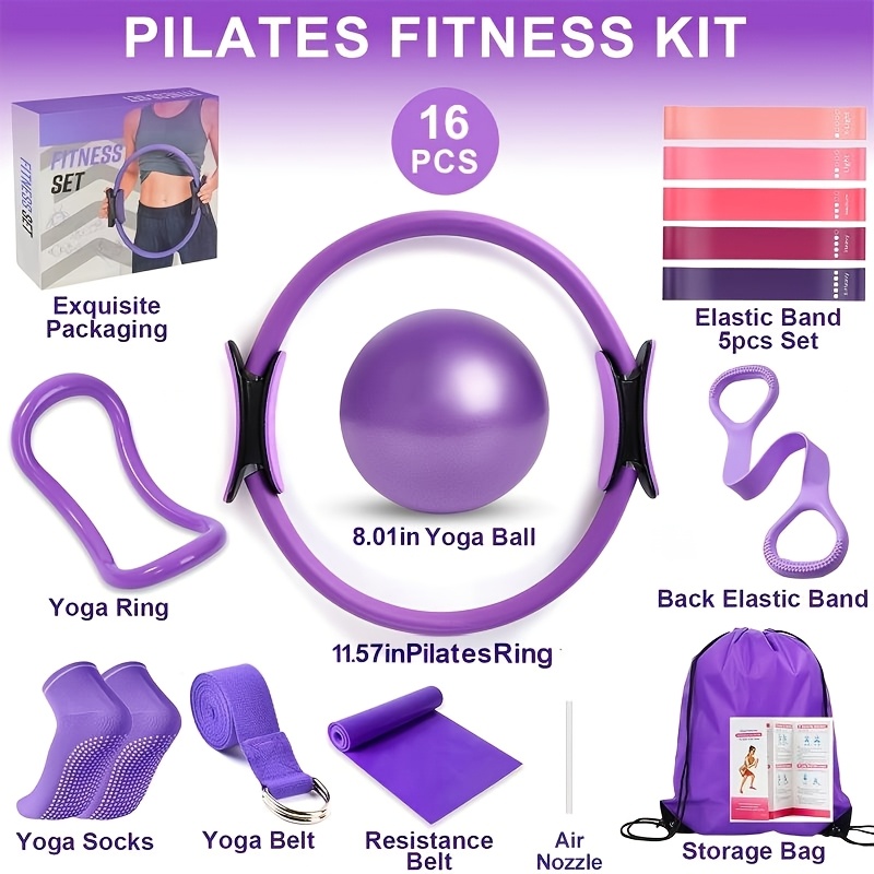 TEMU 16pcs Pilates Resistance Bands Set, Home Workout Kit With Pilates Ring, For Yoga Ball & Exercise Bands, Full Training Equipment For , Seniors &
