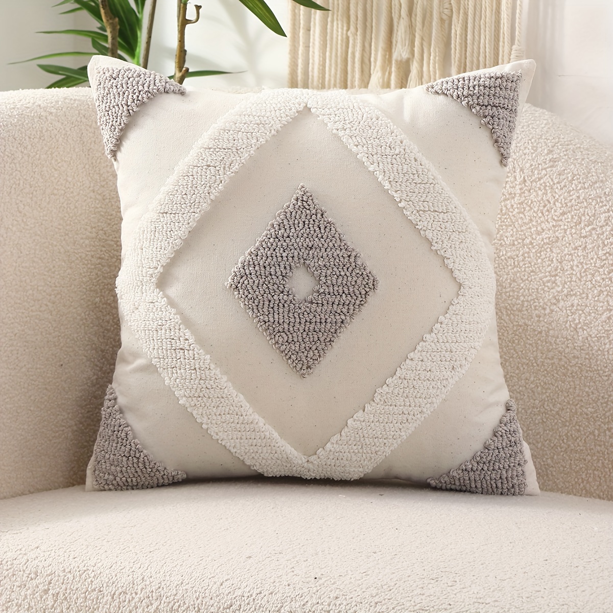 1pc Fleece Throw Pillowcase With Geometric Pattern Canvas Embroidery