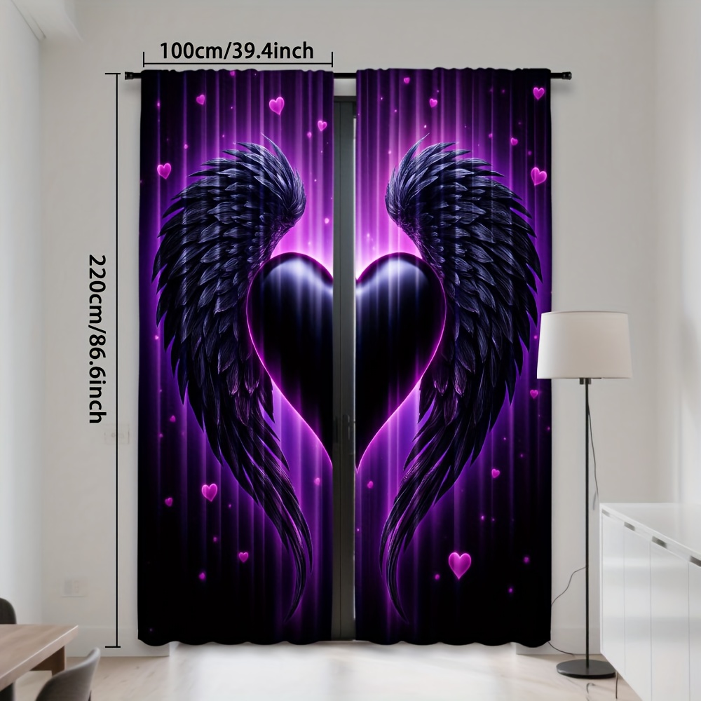 TEMU 2pcs, Rideaux d'art avec motif ailé cœur violet, design à poche pour tringle, filtration de pour chambre à coucher, salon, bureau, parfait pour