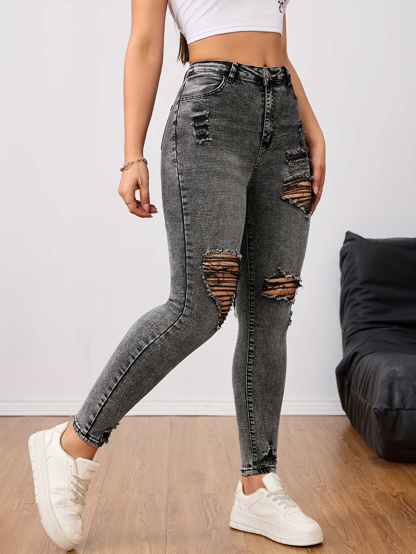 Distressed Light Grey High Waisted Jeans Women's Distressed Denim