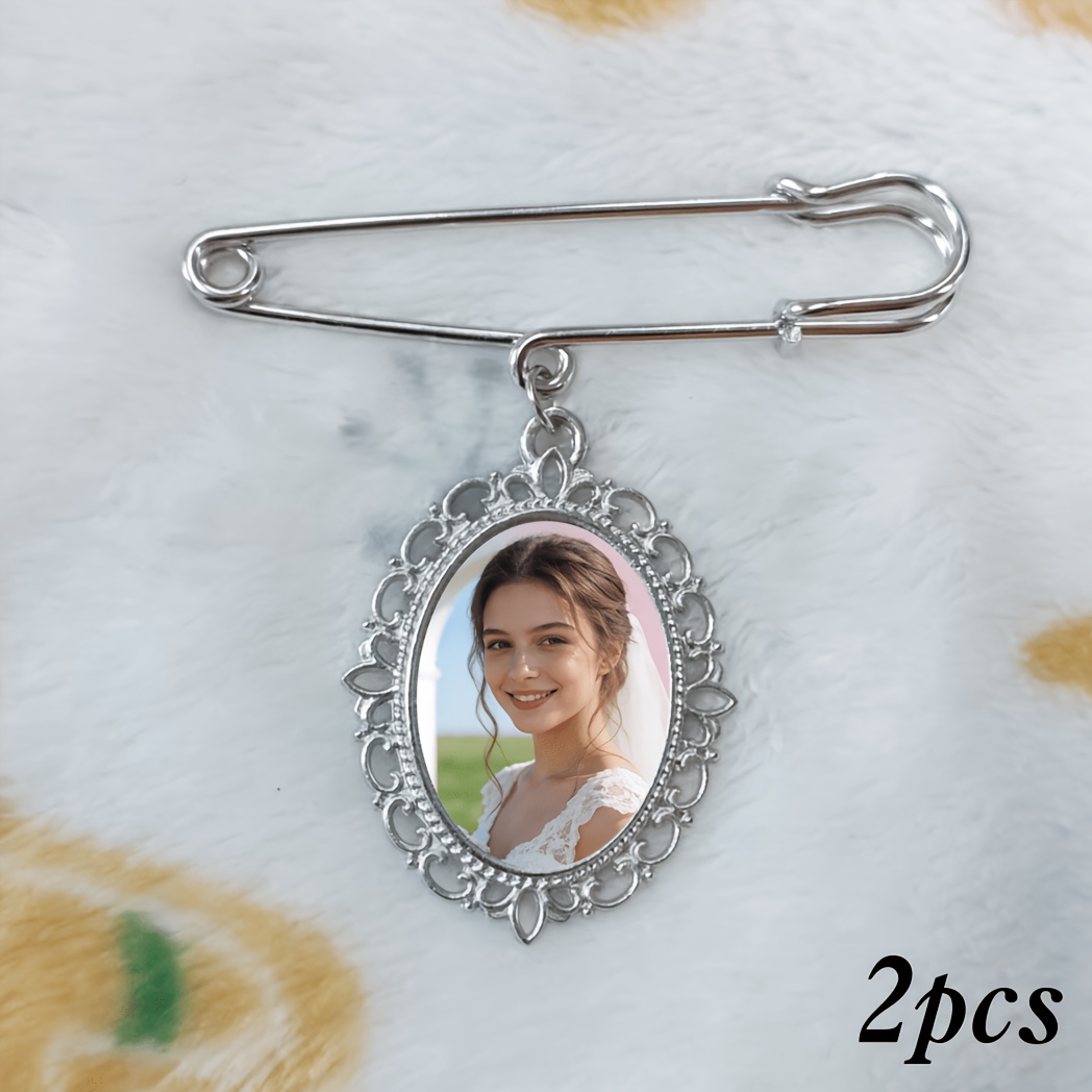 TEMU Custom 1pc/ 2pcs Metal Bouquet Photo Pendant Brooch, Silvery Lace Frame Oval Brooch Style, Bouquet And Boutonniere Photo Pendant Brooch, Wedding