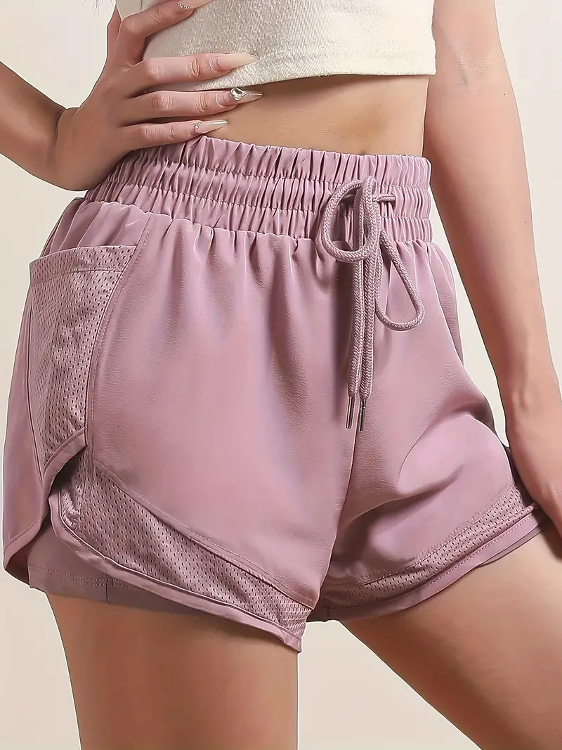 womens 2 in 1 shorts dry mesh pockets elastic waistband drawstring comfortable fitness gym workout shorts details 1