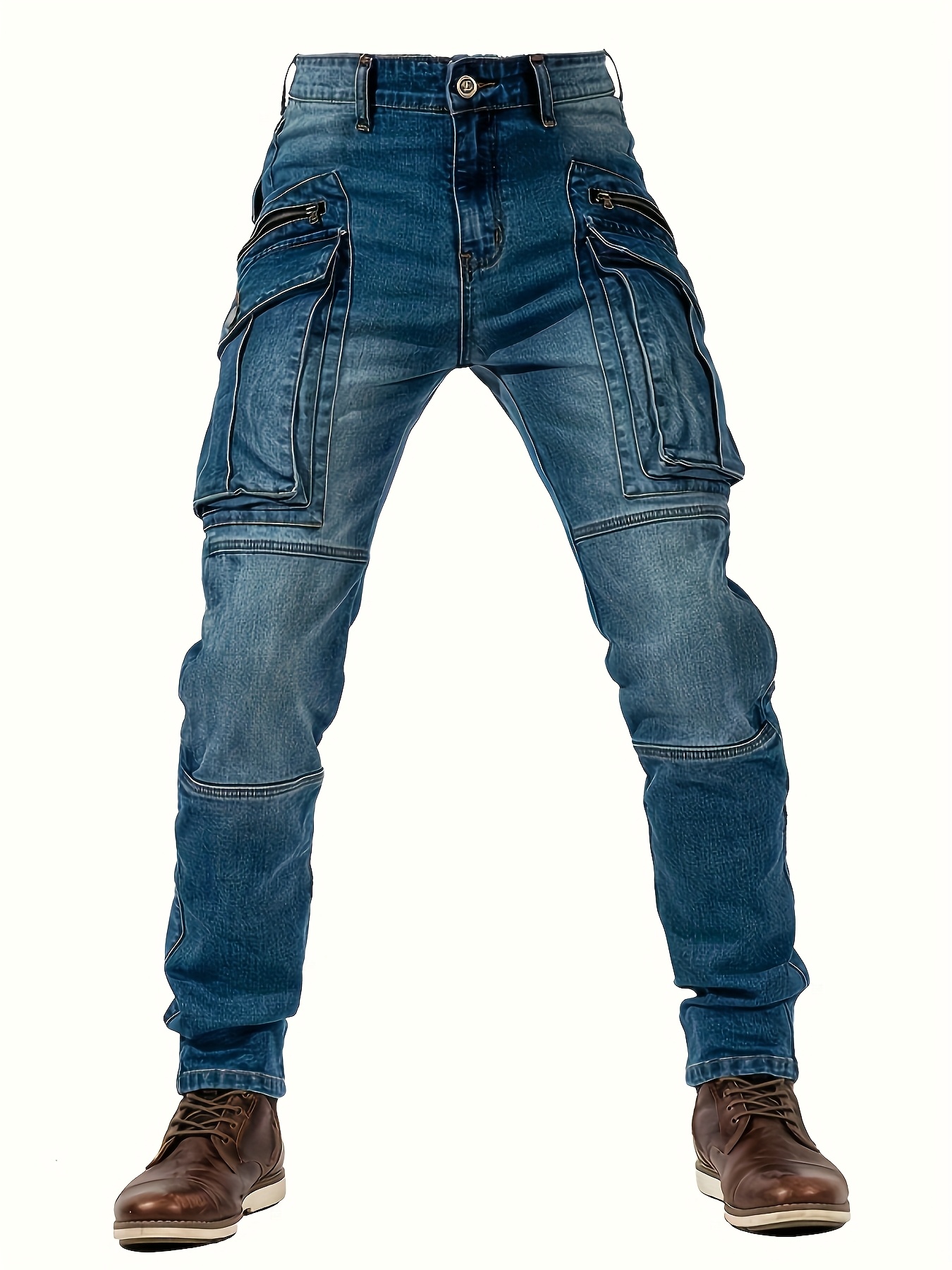 mens durable zippered large pocket motorcycle pants vintage washed stretch jeans