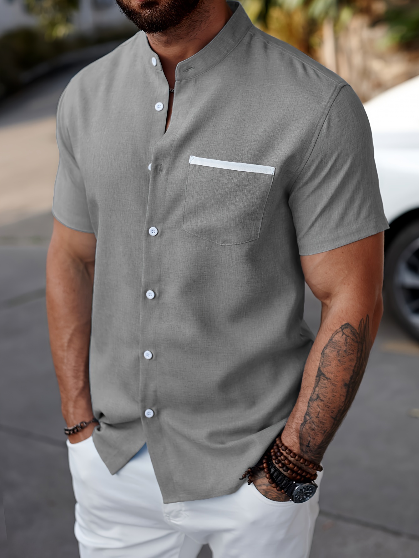 mens solid casual short sleeve button down shirt with chest pocket and stand collar for summer