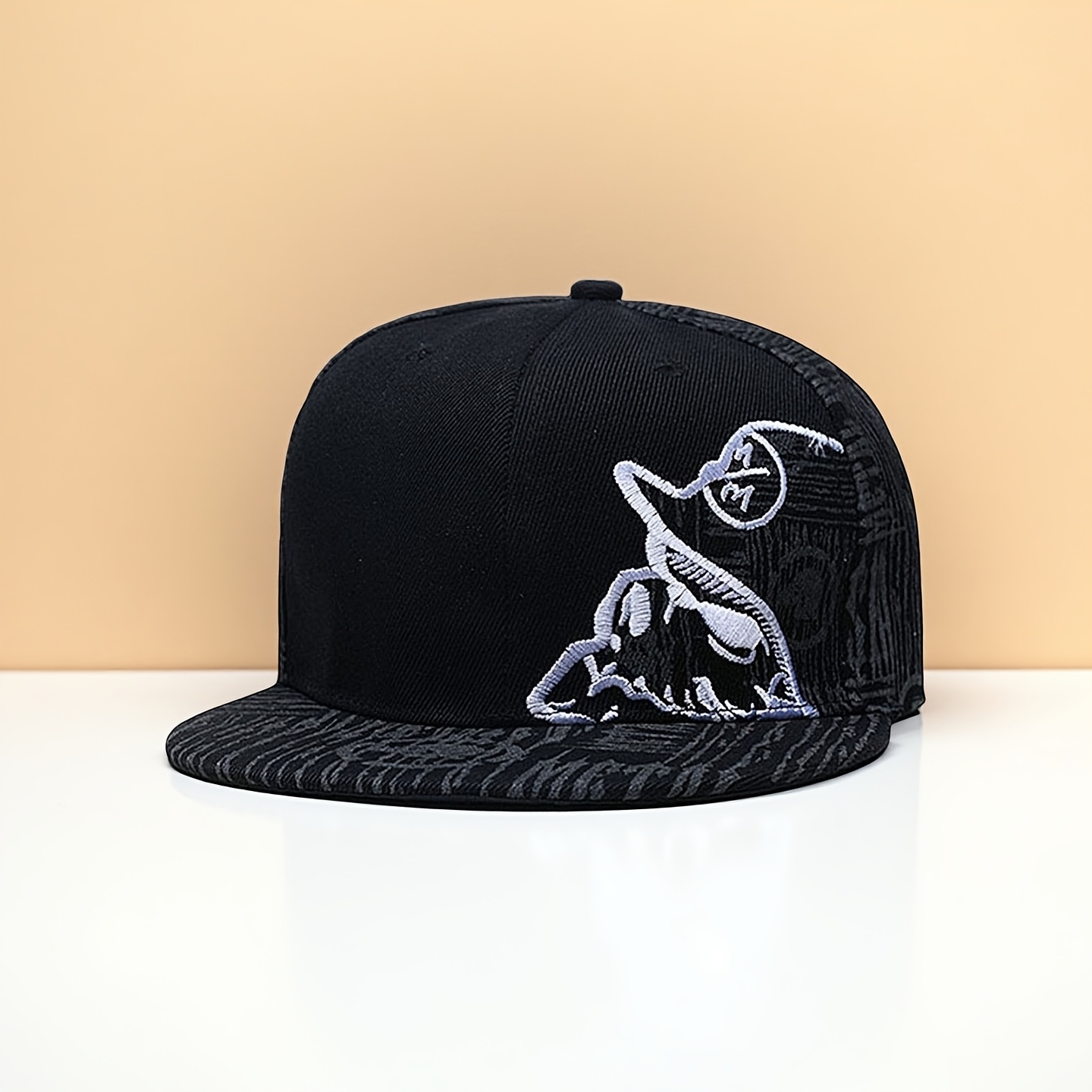 TEMU Black Flat Brim With Graphic Embroidery & Patterned Panels - Adjustable Snapback Streetwear Hat, Lightweight Urban Statement Headwear For ,
