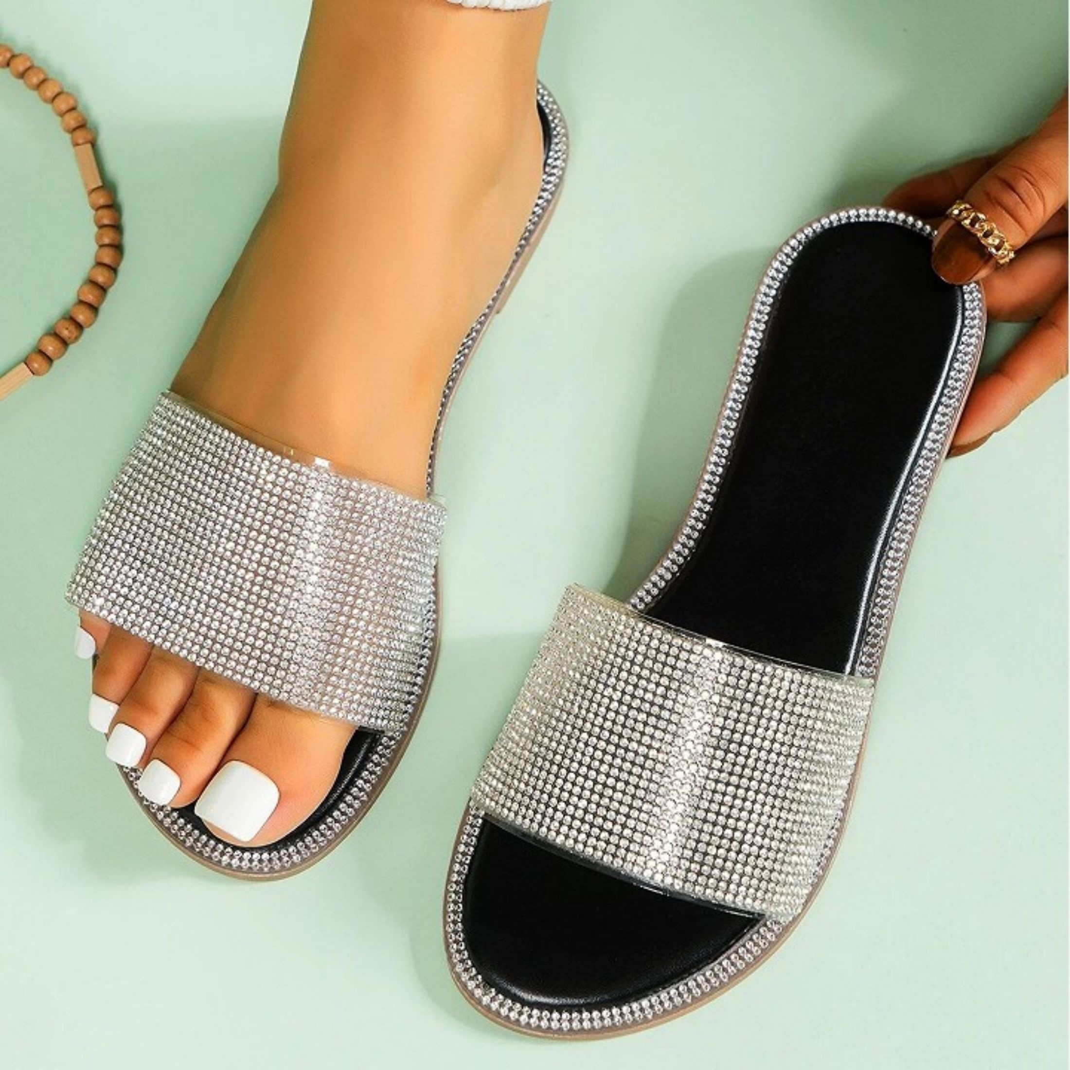 

Women's Glitter Shiny Slide Sandals Sparkle Fancy Flat Slippers Slip-on Jeweled Shoes