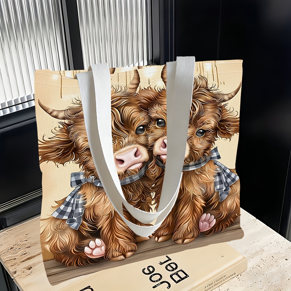 TEMU 1pc, Women's Shoulder Bag With 2 Adorable Calf Themes, Multi-functional, Tote Bag, Clutch, Evening Handbag, Travel Essential, Fine , Daily Use,