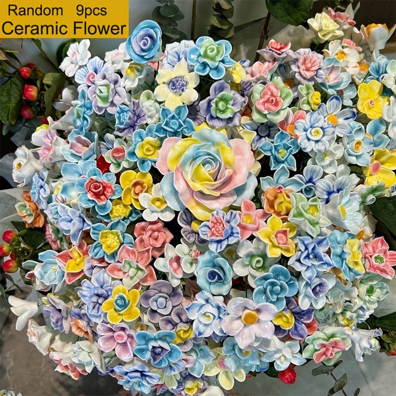 TEMU 9pcs Artificial Ceramic Flowers - Handcrafted, Decoration - For Valentine's Day, Christmas, , Etc. With Random Multiple Colors And Styles,