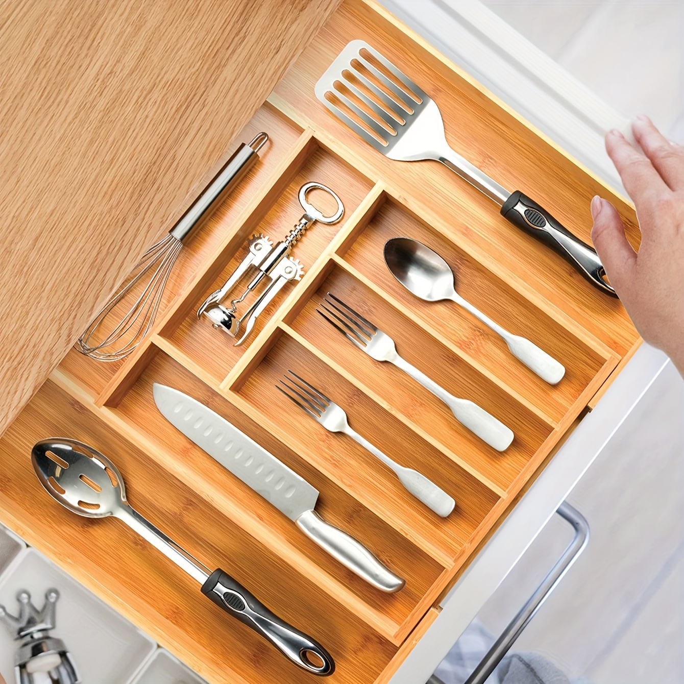 

Adjustable Bamboo Cutlery Organizer - Drawer Divider For Flatware, Spoons & Forks Storage