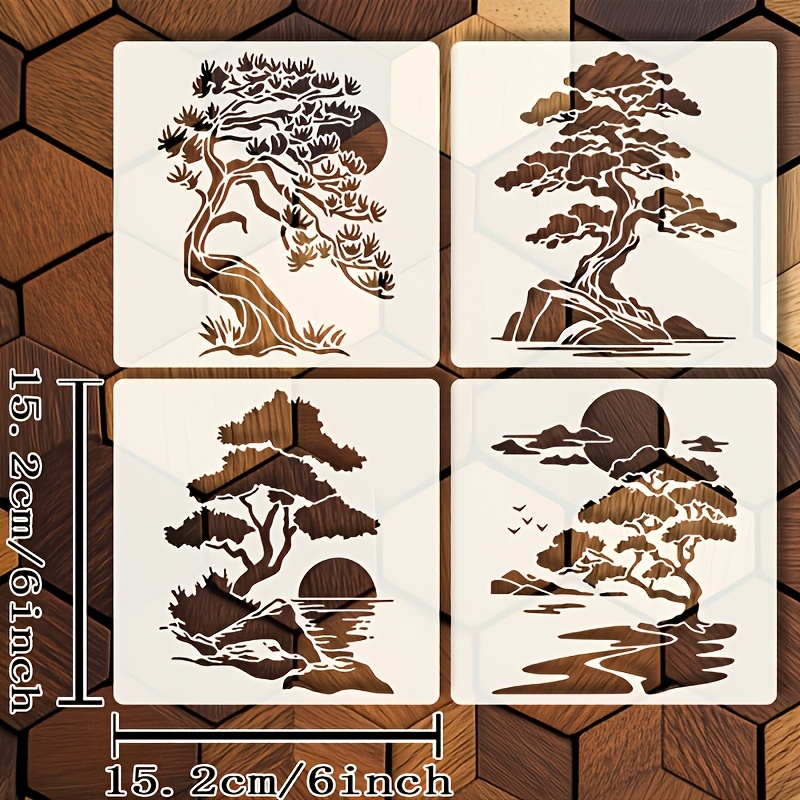 TEMU 4pcs Pochoirs de Sapin Bonsaï Oriental, Gabarit de Dessin de Paysage Zen Réutilisable en PET pour Peinture Murale, Toile de Bois, Décoration de