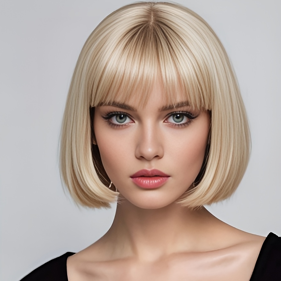 Image of Women's 12-inch Natural Short Straight Bob Wig With Air Bangs - Synthetic Hairpiece Suitable For Daily Wear, Cosplay, Heat-resistant Fiber Wig With Natural Look, Gift For & Women, Suitable For