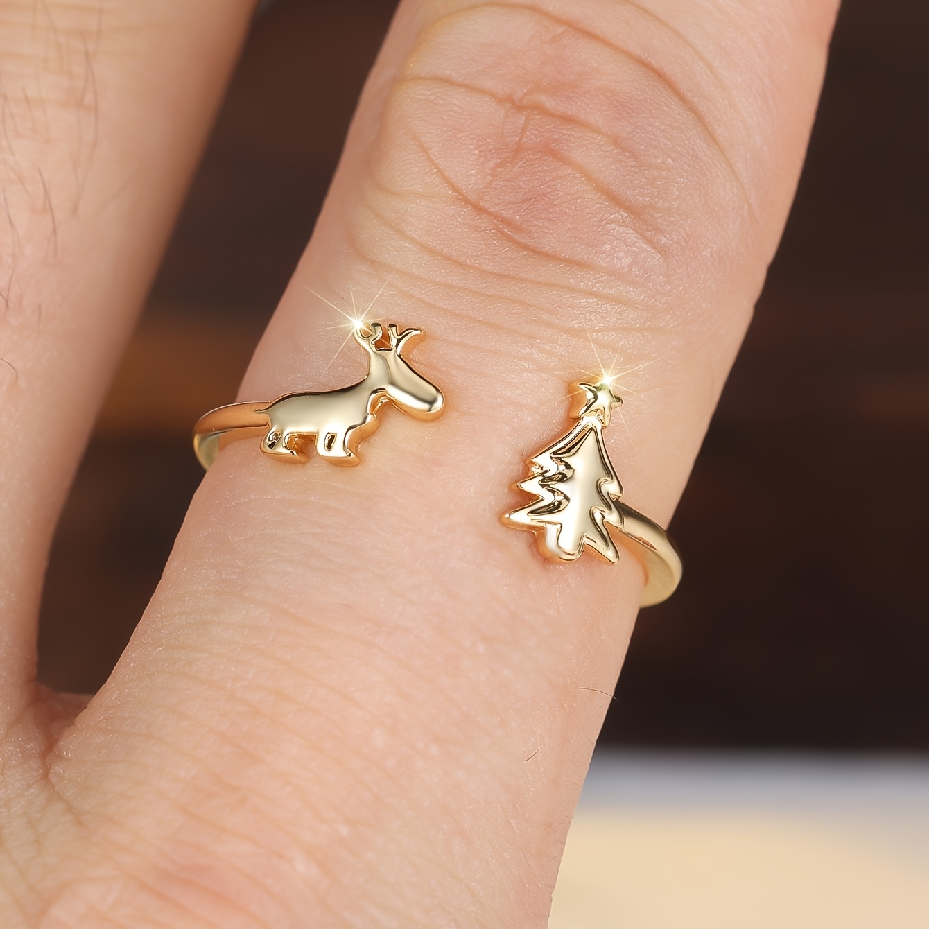 TEMU 1pc Exquisite Reindeer Christmas Tree Open-style Women's Ring, Suitable For Christmas Parties, Daily Wear, And Holiday Gifts